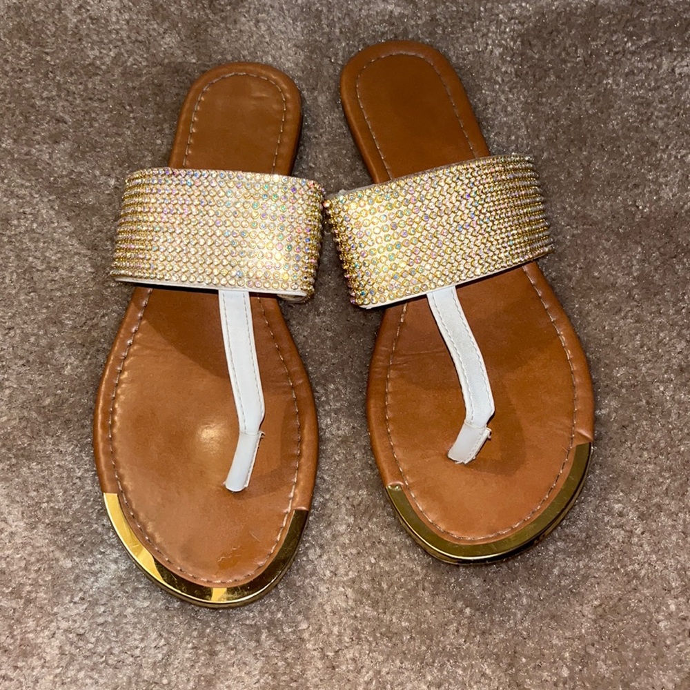 White Rhinestones Thong Sandals Size 9